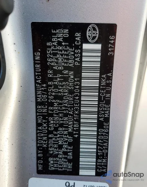 2014 Toyota Camry L from USA, damaged, VIN 4T1BF1FK3EU430431